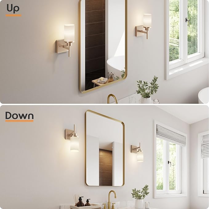 Vanity Lighting Fixtures with White Frosted Glass Shade, Champagne Bronze Wall Lamps for Bathroom Mirror Bedroom Living Room Porch, 2 Pack T001CPG-L1-P2