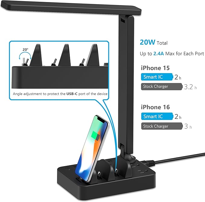 Drevet LED Desk Lamp, Touch Cotrol Small Table Lamp with 3 USB C Charger, 2 AC Power Outlet, 3 Light Modes, 3 Level Brightness and 1H Timer for Bedroom Bedside, Office, Home, Night Necessity, Black
