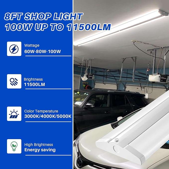 ANTLUX 8FT LED Shop Lights with 3 Watts/3 Lumens/3 CCT Selectable, 60W/80W/100W, 7000lm/9500lm/11500lm, 3000K/4000K/5000K Ultra Slim 8 Foot Strip Light, Wraparound Office Ceiling Fixtures, 4 Pack