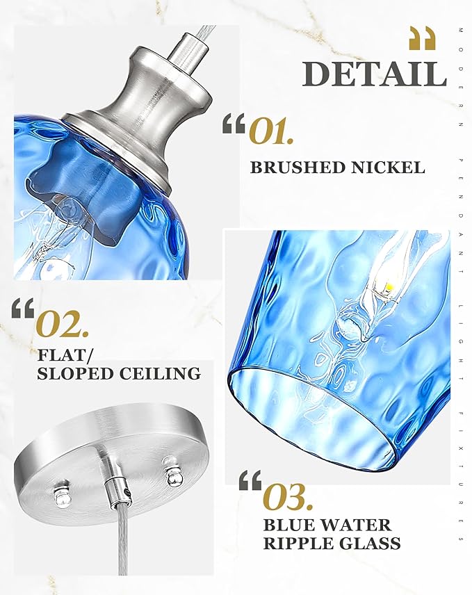 Pendant Lights Kitchen Island, Modern Brushed Nickel Hanging Lights Fixtures with Hand-Blown Hammered Blue Glass, Farmhouse Kitchen Island Lighting Over Sink, AD-24027-1P-SN-BL