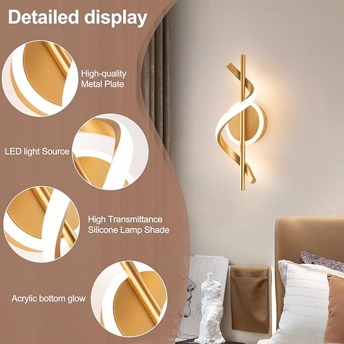 EIDISUNY LED Wall Sconces Indoor, 12W LED Wall Mount Lights, Modern Spiral Wall Lamp, 3000K Wall Light Fixture for Stairs, Living Room, Bedroom, Aisle, Hallway (Warm White, Gold)