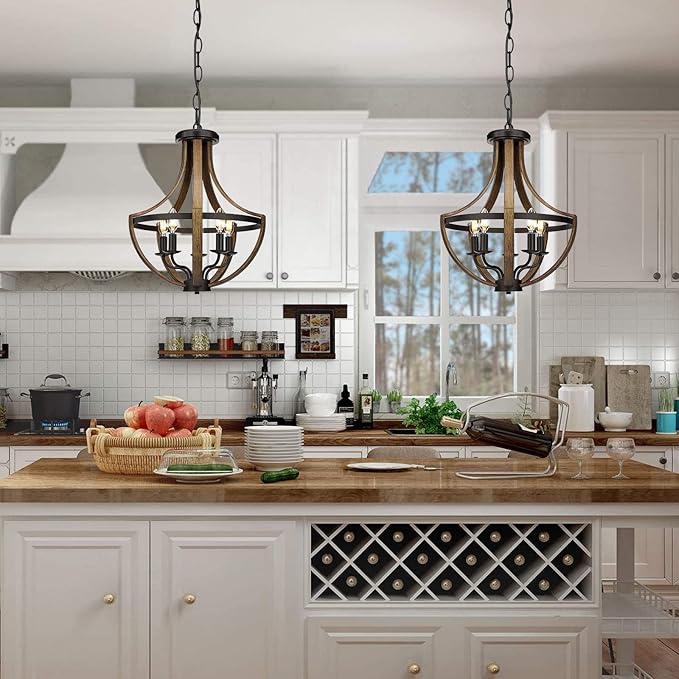 17.7" Modern Farmhouse Geometric Chandelier Light Fixture, 5-Light Adjustable Height Rustic Hanging Pendant Lighting for Dining Room Foyer Kitchen Island, ‎Retro Wood Texture and Black Finish