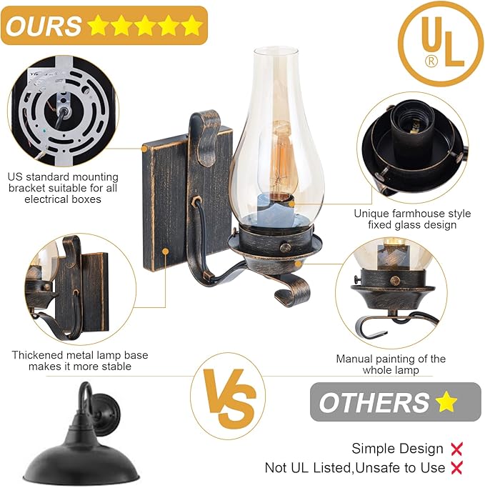 Yisuro Hardwired Wall Sconce,Oil Rubbed Bronze Hardwired Wall Sconce Indoor, Retro Rustic Wall Lamps with Amber Glass,Vintage Bedside Sconces Wall Lighting for Living Room Bathroom