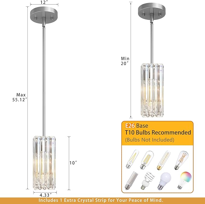 Crystal Pendant Lights for Kitchen Island - 10" Nickle Sand Adjustable Chandelier, Dimmable E26 Hanging Fixture, Modern Lighting for Dining 1pcs