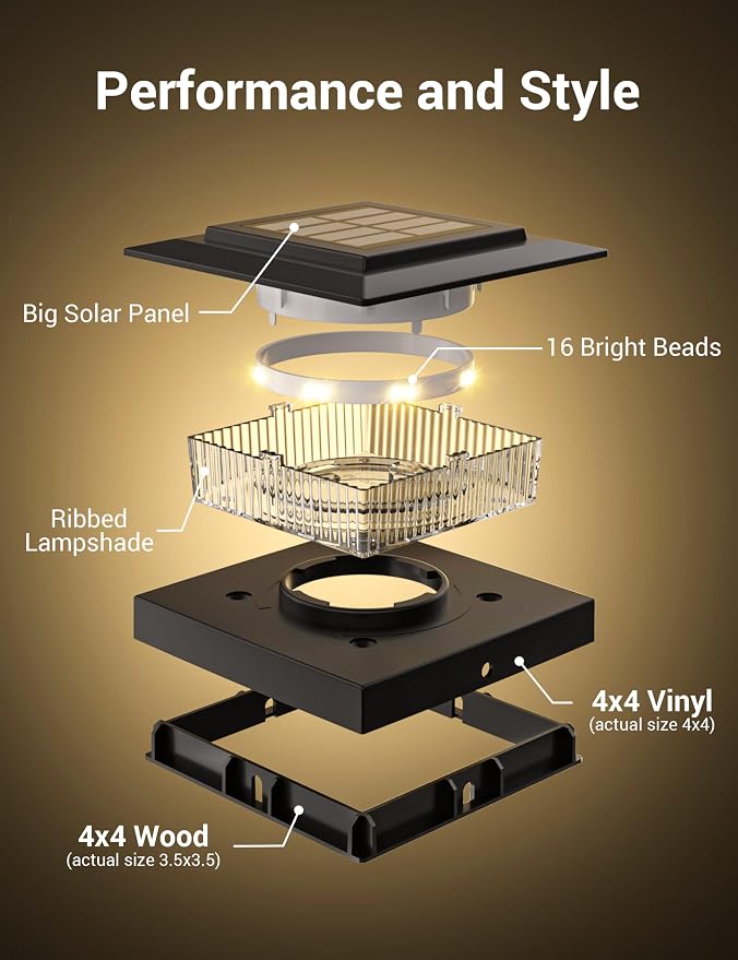 APONUO Solar Post Cap Lights for 4x4 Fence Posts, IP64 Waterproof Outdoor LED Deck Lights with 2 Modes (Warm White & Cool White), Auto On/Off Dusk to Dawn, Easy Install, Black, 12 Pack