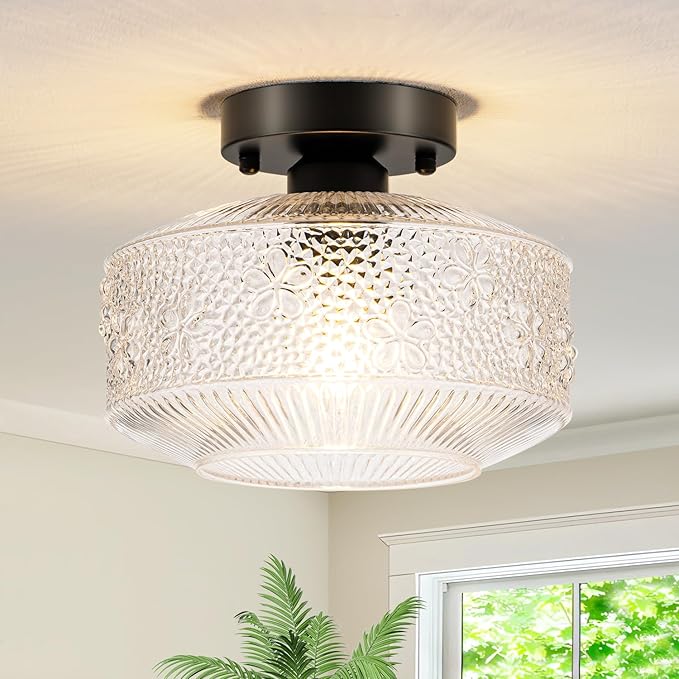 Semi Flush Mount Ceiling Light, 9 Inch Modern Small Ceiling Light Fixture with Thickened Glass & Stone Floral Pattern, Black Metal Base for Hallway Kitchen Bedroom Hotel Cafe