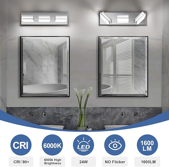 Modern LED Small Bathroom Lights Fixtures 3-Light,Stainless Steel Chrome Acrylic Wall Lighting,Vanity Lights for Bathroom Over Mirror 6000K 16in