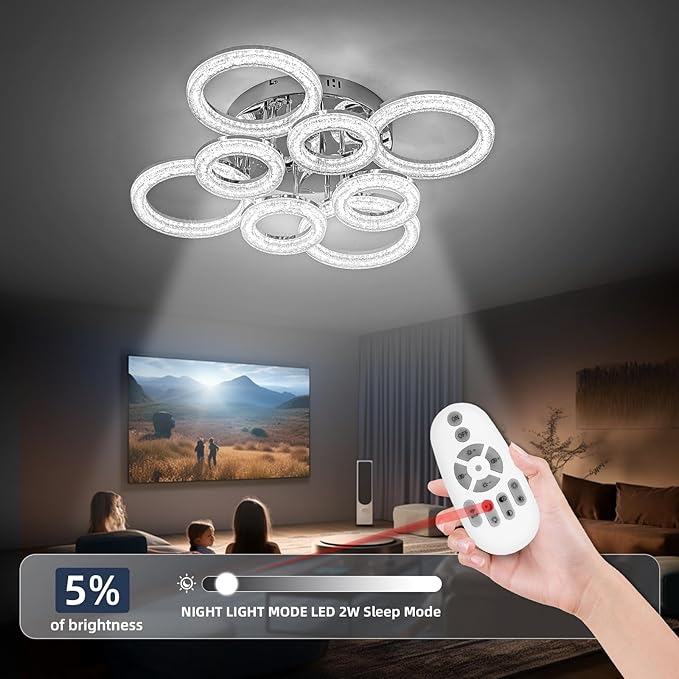 OKELI Modern Ceiling Light, 8 Rings 26.8'' Dimmable LED 106W Flush Mount Ceiling Lights with Remote Acrylic Crystal Round Ceiling Light Fixture, Bedroom Living Room Dining Room, Chrome