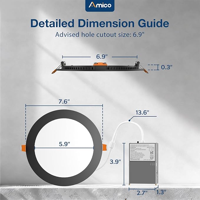 Amico 12 Pack 7 Inch 5CCT Ultra-Thin LED Canless Recessed Ceiling Light with Junction Box, 2700K/3000K/3500K/4000K/5000K Selectable, 15W=100W, 1300LM Brightness, Dimmable Wafer Downlight,ETL&FCC,Black