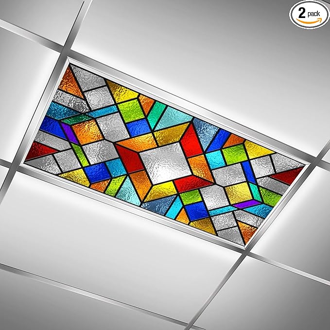 2 Pack Stained Glass Fluorescent Light Cover for Ceiling Light, Magnetic Ceiling Light Cover Classroom Lights Covers Classroom Supplies for School Classroom Home Office