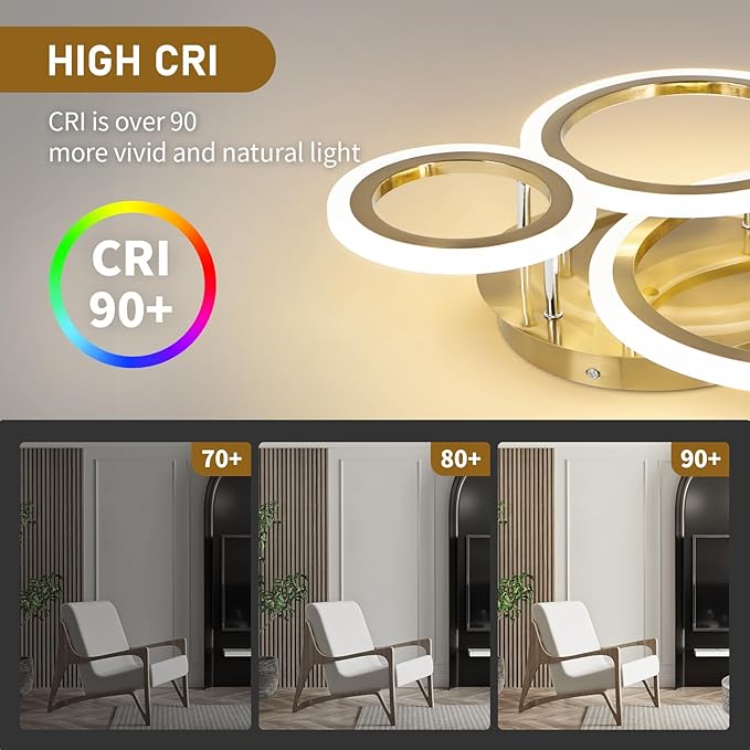 Dimmable Modern Led Ceiling Light 3 Rings 35W Dimming Circle Modern Living Room Light Fixture Gold Acrylic Flush Mount Ceiling Light with Remote for Bedroom Bathroom Kitchen Balcony Corridor