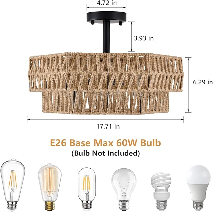 XSDeTu Farmhouse Semi Flush Mount Ceiling Light, 3-Light Boho Light Fixtures，Rustic Woven Hemp Rope Ceiling Lamp, Double Hexagonal Flush Mount Light Fixture for Hallway, Kitchen, Bedroom