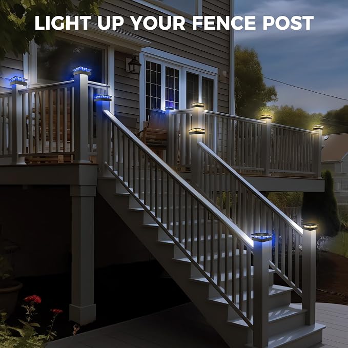 Peasur 2pack 4x4 Solar Post Lights Outdoor, Blue & Warm White LED Fence Caps Light Waterproof, Wood & Vinyl Post Top Lighting for Deck Mailbox Railing Porch Outside