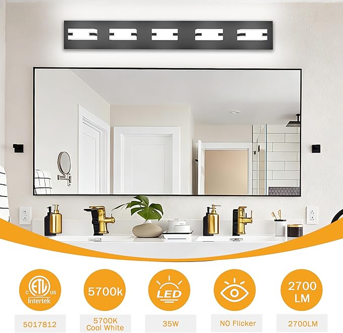LED Bathroom Light Fixtures, 5-Light Modern Vanity Lights with Milky White Frosted Acrylic Shades, Matte Black Bathroom Lighting fixtures Over Mirror, ETL Listed, 35W (Cool White 5700K)