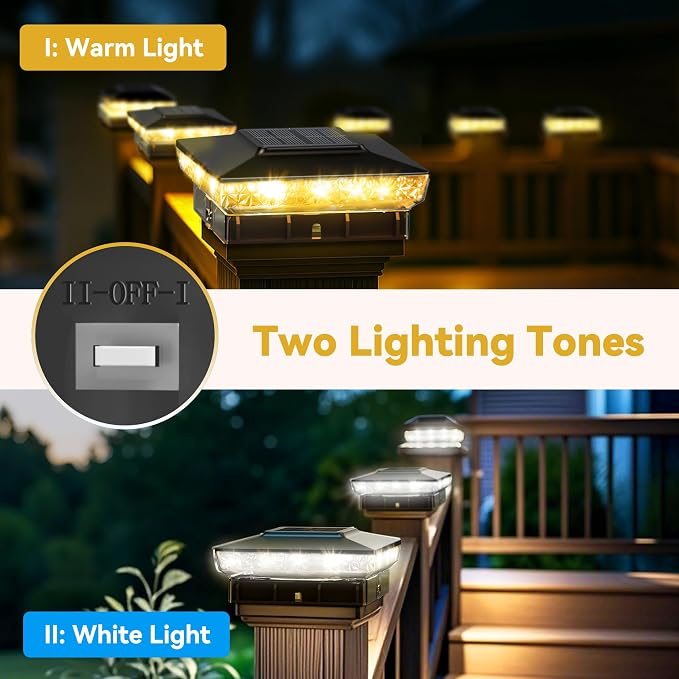 KEILAIMO Solar Post Cap Lights, 12-Pack Upgraded Outdoor Deck Fence Post Solar Lights for 4x4 5x5 Wood/Vinyl Posts, IP65 Waterproof, 10-12 Hours Warm/Cool White Glow for Garden/Patio/Porch - Black