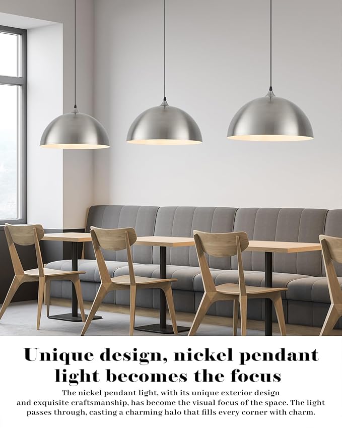 Brushed Nickel Pendant Lights Kitchen Island, 16 Inch Large Dome Pendant Light, Modern Farmhouse Pendant Light for Kitchen Island, Dining Room, Cafe, Bar, 2 Pack