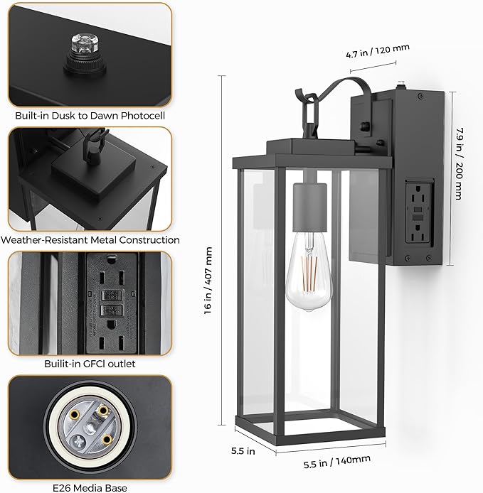 DORESshop Upgraded Dusk to Dawn Outdoor Wall Lights with GFCI Outlets, 16 Inch Matte Black Waterproof Anti-Rust Outdoor Light Fixtures with Clear Glass, Exterior Light Fixtures for Porch, Garage, ETL