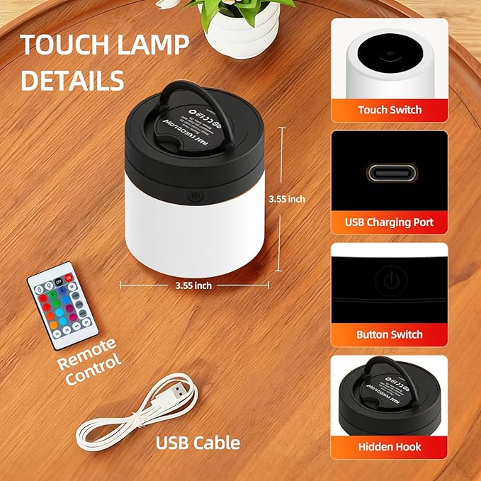Portable Night Light for Kids, USB Rechargeable Small Desk Lamp,13 RGB Colors & 4 Brightness & 1 Remote, Touch Bedside Table Lamp for Nursery Bedroom Living Room Home (Black)