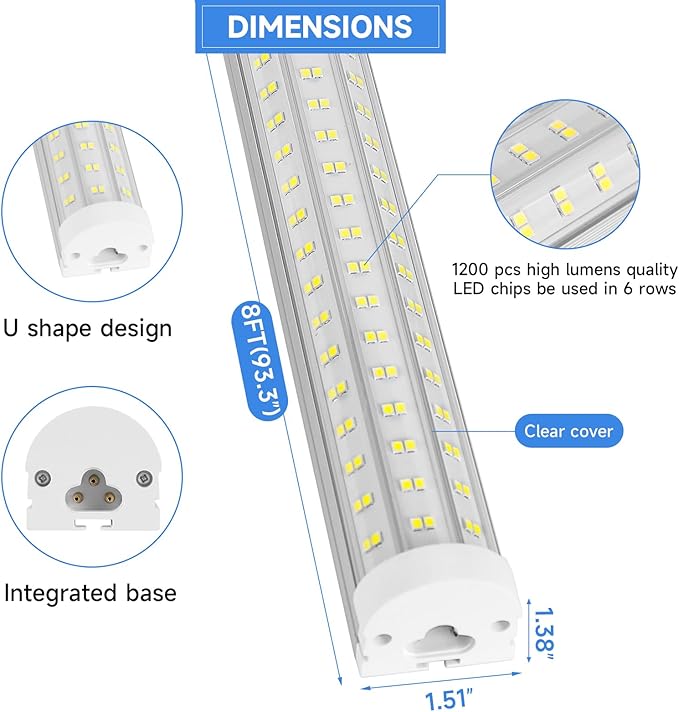 Phiwicsh 8FT U Shape 125W Integrated Tube Bright LED Light, 6500K Clear White, 20000LM - Flush Mount/Hanging Linkable LED Ceiling Lights for Garage, Plug&Play, 6 Pack