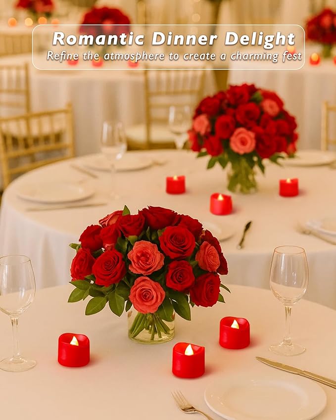 Raycare Red Battery Operated Tea Lights, 200+Hour Electric Flickering Flameless Candles, Realistic Votive LED Tea Lights for Wedding Party Table Halloween Christmas Decorations, Pack of 12