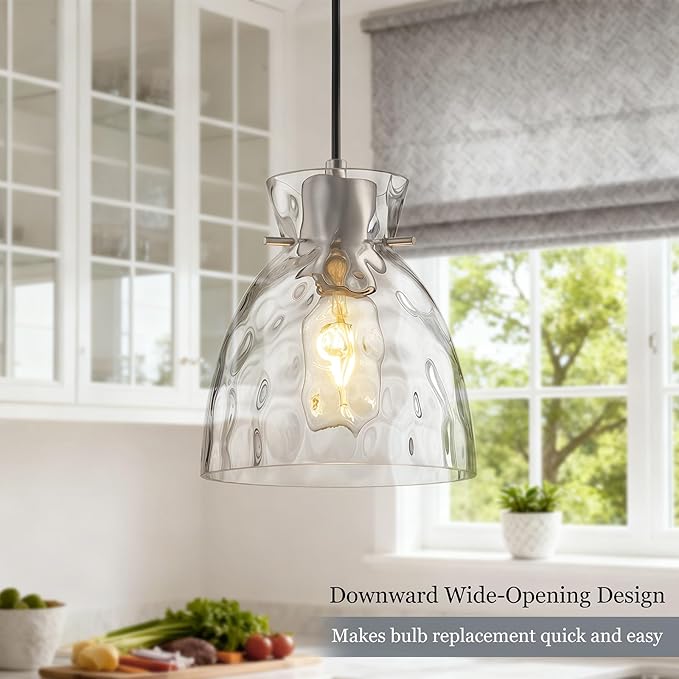 5.9“ Small Brushed Nickel Pendant Lights Kitchen Island, Hammered Glass Pendant Light Fixtures, Adjustable Mini Hanging Lights Kitchen Pendant Lighting over Island Sink Bathroom Dining Room Bedroom