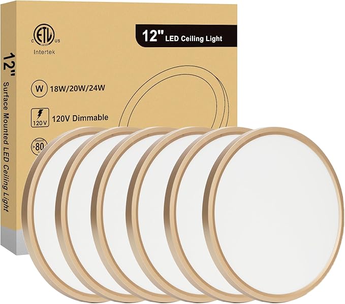 12 Inch Ceiling Light Fixture, Dimmable 0.67 Inch Super Slim, 24W 5CCT Round Ceiling Light for Laundry, Bedroom, 12 Inch 6Pack Gold