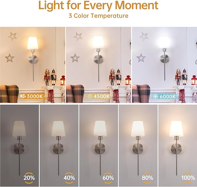 Shenmoyl Battery Operated Wall Sconces Set of 2, 80H Usage Time 22.6" Rechargeable Wall Light with Dimmable Bulb, 12 Colors Wall Sconce for Bedroom Living Room, Silver
