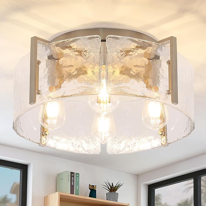 4-Light Brushed Nickel Semi Flush Mount Ceiling Light,Modern Close to Ceiling Lighting Fixture in with Glass Shade for Hallway, Bedroom, Kitchen, Dining Room, Living Room