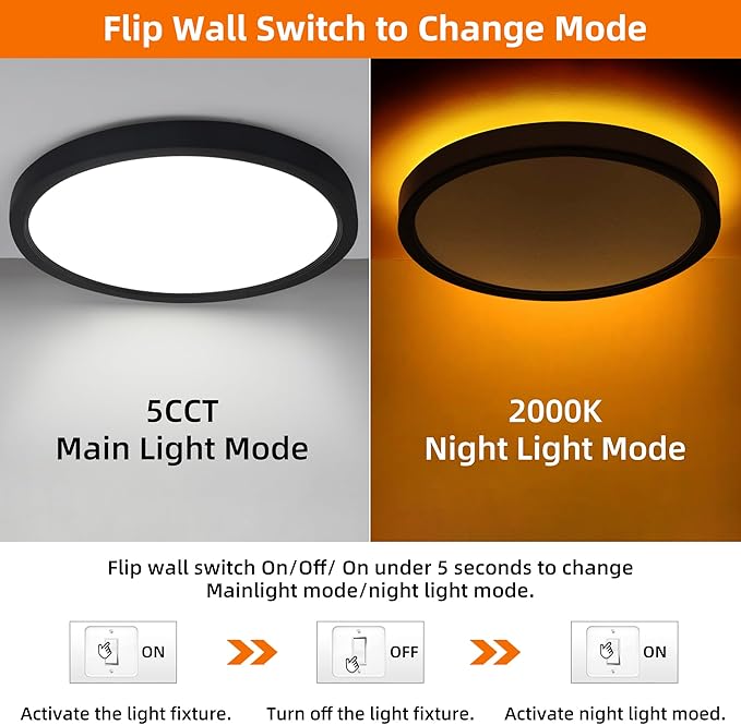 Hlite 12 Inch Flush Mount LED Ceiling Light with Night Light, 24W, 2400lm, Selectable 3000K/4000K/5000K, Flat Lights for Bedroom, Kitchen, Black(1Pack)