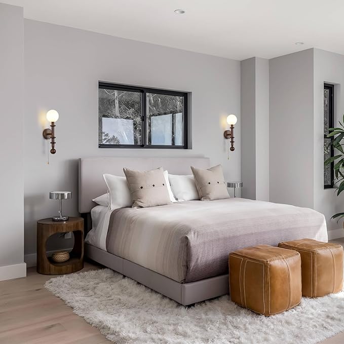 Wood Wall Sconce,Industrial Globe Wall Sconce,Modern Bedroom Vanity Wall Light fixtures with White Globe Glass Lampshade for Living Room、dinging Room
