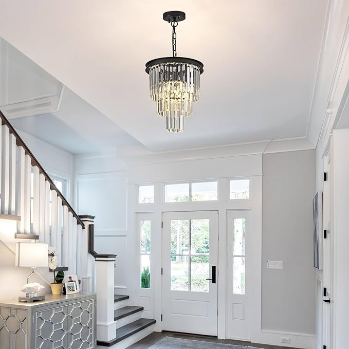 4-Light Crystal Pendant Light,11.8" 3-Tier Luxury Black Crystal Pendant Light Perfect for Dining Room, Bedroom, Kitchen, Living Room