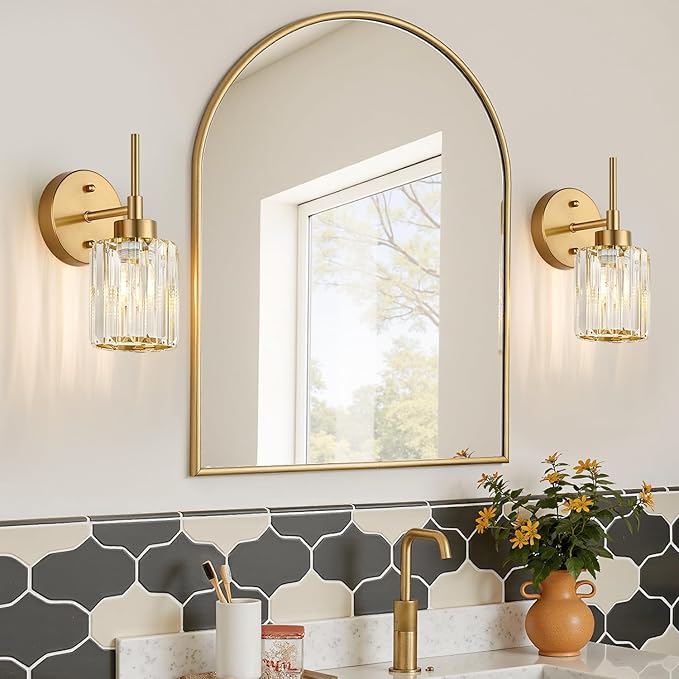 Modern Crystal Bathroom Vanity Light, 2-Pack Brushed Gold Vanity Light with Clear Crystal Shades, Bathroom Light Fixtures Over Mirror (Bulbs Not Included)