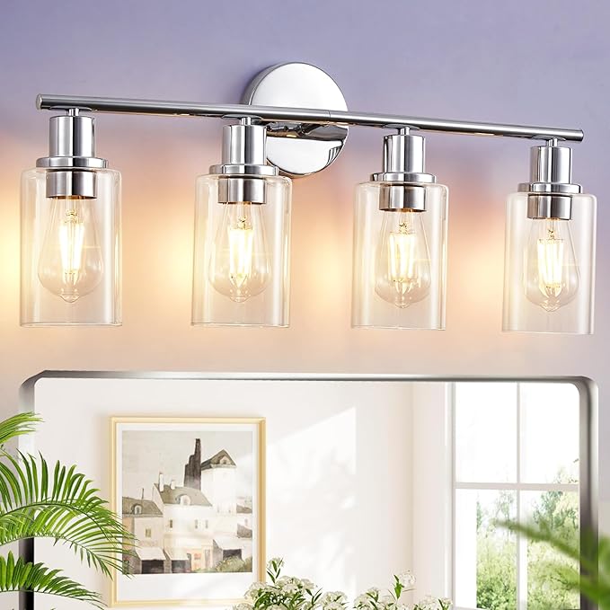 DLLT 4-Light Bathroom Light Fixtures: Chrome Modern Vanity Lights with 4 E26 Bulbs - Clear Glass Shade Bathroom Wall Lamp for Mirror Kitchen Living Room Hallway Cabinet Porch