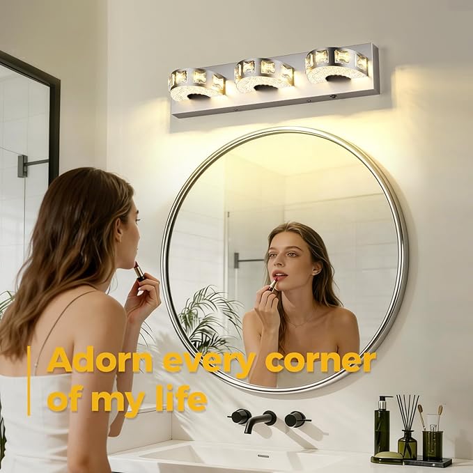 LED Modern Bathroom Vanity Lights 24W 21.6 inch Dimmable 5CCT Brushed Nickel Wall Lighting (3-Light) Crystal Bathroom Light Fixtures for Bathroom Mirror Restroom-ETL Certificated
