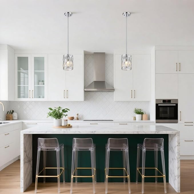 2-Pack Crystal Pendant Light, Modern Chrome Finish Hanging Lighting with Clear Crystal Chandelier, Adjustable Height Mini Island Light Fixture for Kitchen, Dining Room and Living Room