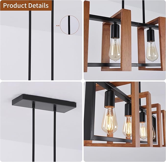 32" Farmhouse Kitchen Island Lighting Adjustable Dining Room Light Fixtures, 4-Light Rustic Wood and Black Metal Rectangular Chandelier Modern Pendant Lighting for Kitchen Island, Cafe