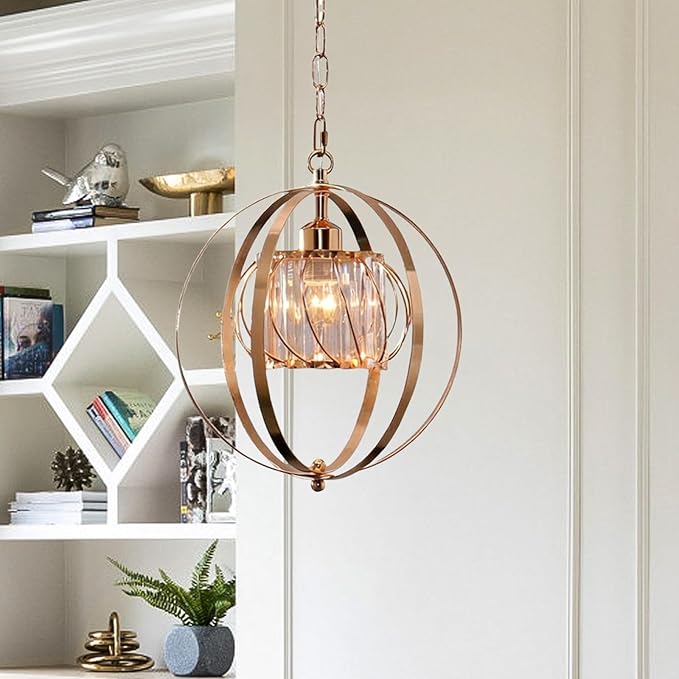 FRIXCHUR Gold Crystal Pendant Light, Adjustable Hanging Light Fixture with Pumpkin-Shaped Crystal Shade, E26 Base Metal Lantern Pendant Ceiling Light for Kitchen Island, Dining Room, Entryway, Foyer
