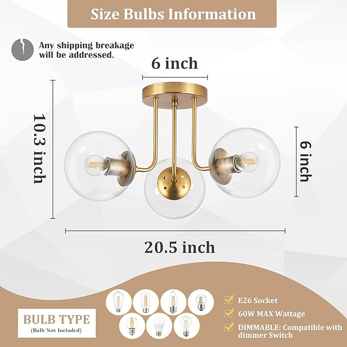 KoKo&Yukina 3-Light Semi Flush Mount Ceiling Light Globe Lights Mid Century Ceiling Light with Clear Glass Globe & Brushed Brass for Bedroom Hallway Entryway Kitchen Living Room (Bulb Incl.)
