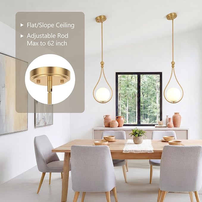 Gold Pendant Lights with Milky White Globe Glass Pendant Lights Kitchen Island Adjustable Mid Century Hanging Pendant Light Fixtures for Kitchen Dining Room Entryway, 1 Pack