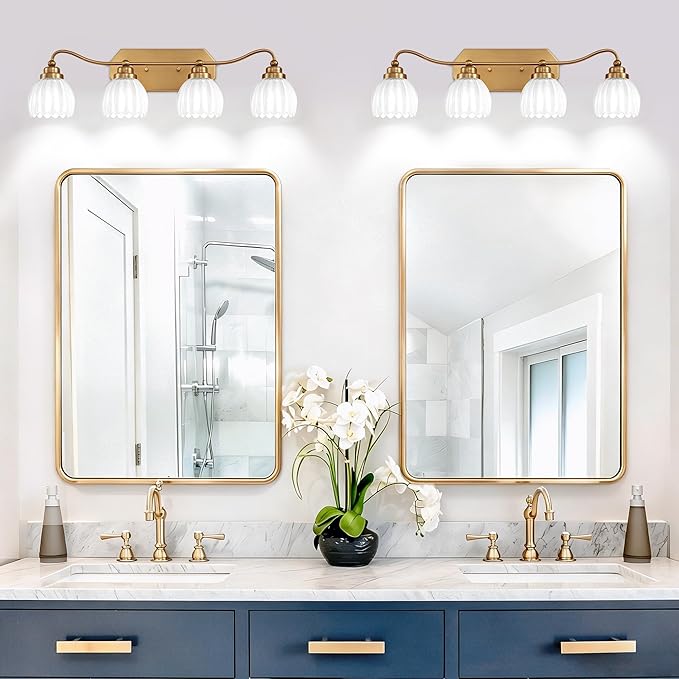 Vintage Bathroom Light Fixtures, Gold Bathroom Vanity Light, Matte Antique Brass Finish with Crystal Glass Shade, Wall Sconces Lighting for Bedroom, Living Room, Hallway (Milk White, 4-Light)