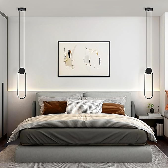 Modern Pendant Lights 2 Pack, Black LED Pendant Light 3000K Dimmable, Adjustable Height Oval Pendant Light Fixtures for Kitchen Island Bedroom Bathroom