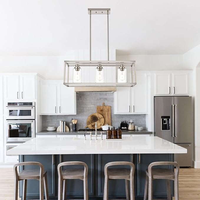 MELUCEE Rectangle Chandeliers for Dining Room Brushed Nickel Finish 3-Light Kitchen Island Lighting Modern Light Fixtures Ceiling Hanging for Hallway Living Room, Clear Glass Lampshade