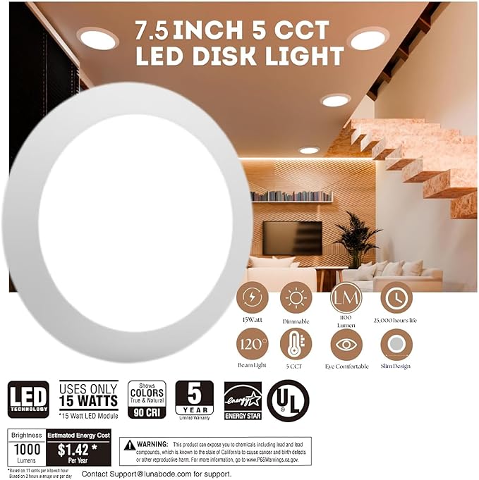 7.5 Inch Disc Light- 1 Pack Dimmable Ceiling Light Fixtures | 5cct LED Lights 2700K/3000K/3500K/4000K/5000K | Flush Mount Ceiling Lights I ETL & UL Certified I LED Lights for Bedoom
