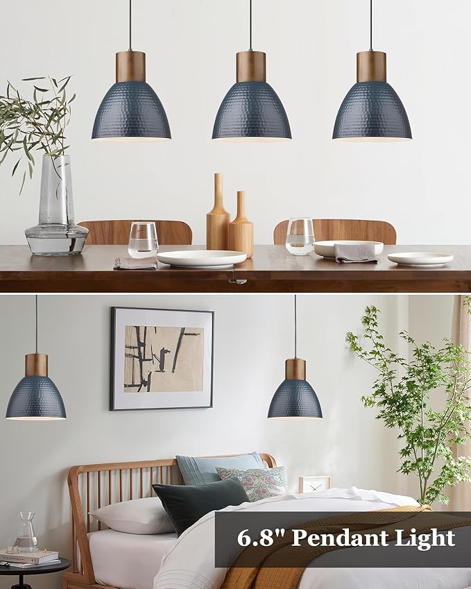 ELYONA Hammered Pendant Lights for Kitchen Island, 7” Small Solid Wood Hanging Light Fixtures, Adjustable Height Industrial Metal Pendant Light Fixtures for Bar Dining Room Bedroom Office, Modern Blue