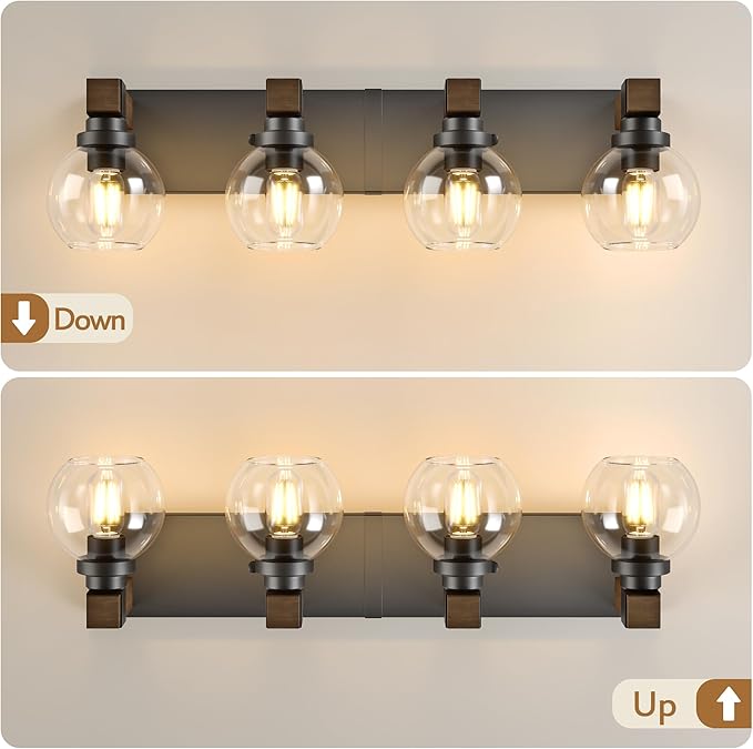 Farmhouse Bathroom Vanity Light Fixtures, 4-Light Wood Bathroom Light Fixtures Over Mirror, Rustic Vanity Lighting with Glass Shade for Living Room, Bedroom, Hallway