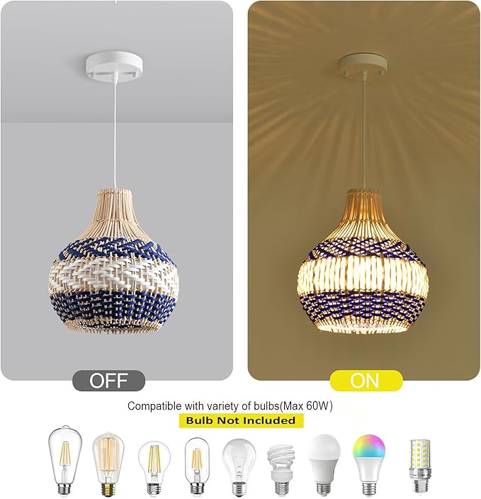 3-Pack Rattan Pendant Light Fixture 10.24" Blue White Hand-Woven Basket Fax Rattan Chandelier Boho Mini Wicker Hanging Lamp for Dining Living Bedroom Kitchen Farmhouse