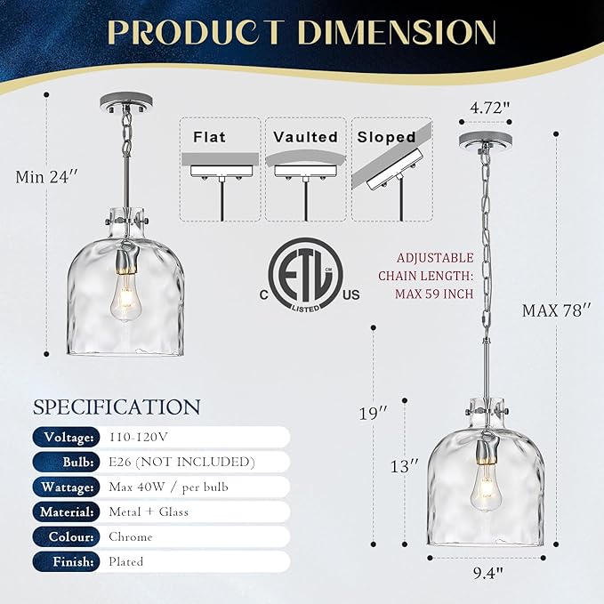 Chrome Pendant Light for Kitchen Island – 10" Modern Glass Dome Hanging Light Fixture, Single E26 Ceiling Pendant Lamp for Dining Room, Hallway, Bedroom