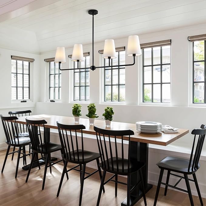 Black Linear Chandelier Modern Farmhouse Kitchen Island Light Fixture Classic 4 Light Chandeliers with White Linen Shades Over Dining Table