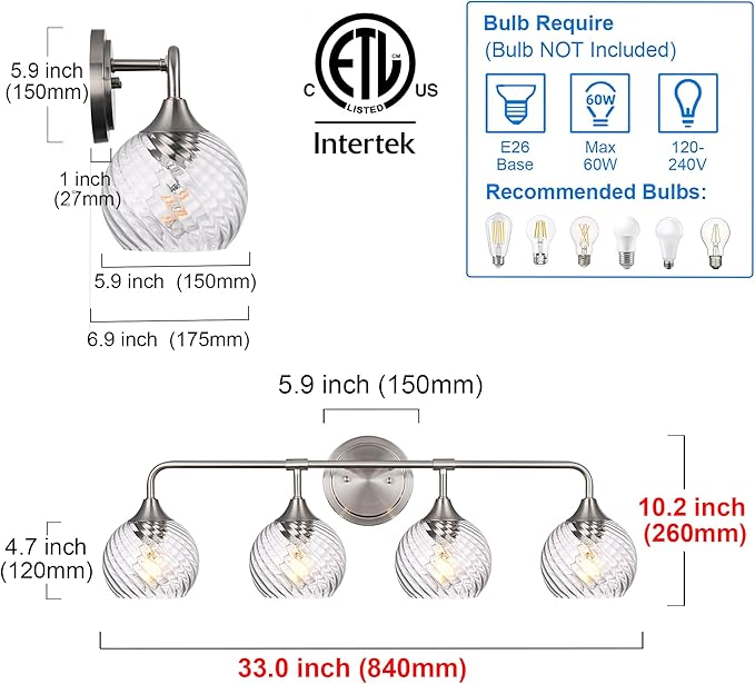 MELUCEE Bathroom Vanity Light Brushed Nickel 4 Lights with Clear Striped Swirl Glass Shade, 33" Vanity Lighting Fixtures Over Mirror Modern Bathroom Wall Lights for Powder Room Kitchen Foyer