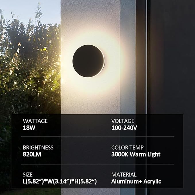 LED Wall Light Indoor Outdoor Modern Sconce Black Modern Outdoor Wall Lights Aluminum Waterproof Black Wall Mount Lights LED Light Warm White 3000K (Round)